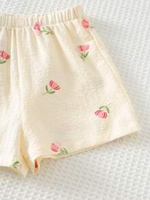 Cozy Pixies Baby Girl Floral Print Contrast Color Bow Decor Sleeveless Top And Elastic Waist Shorts 2Pcs Set - Pink - View 8