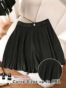 SHEIN CURVE+ Pantalones cortos negros de tela artesanal para mujer de talla grande, pantalones cortos casuales - Negro - Ver 1