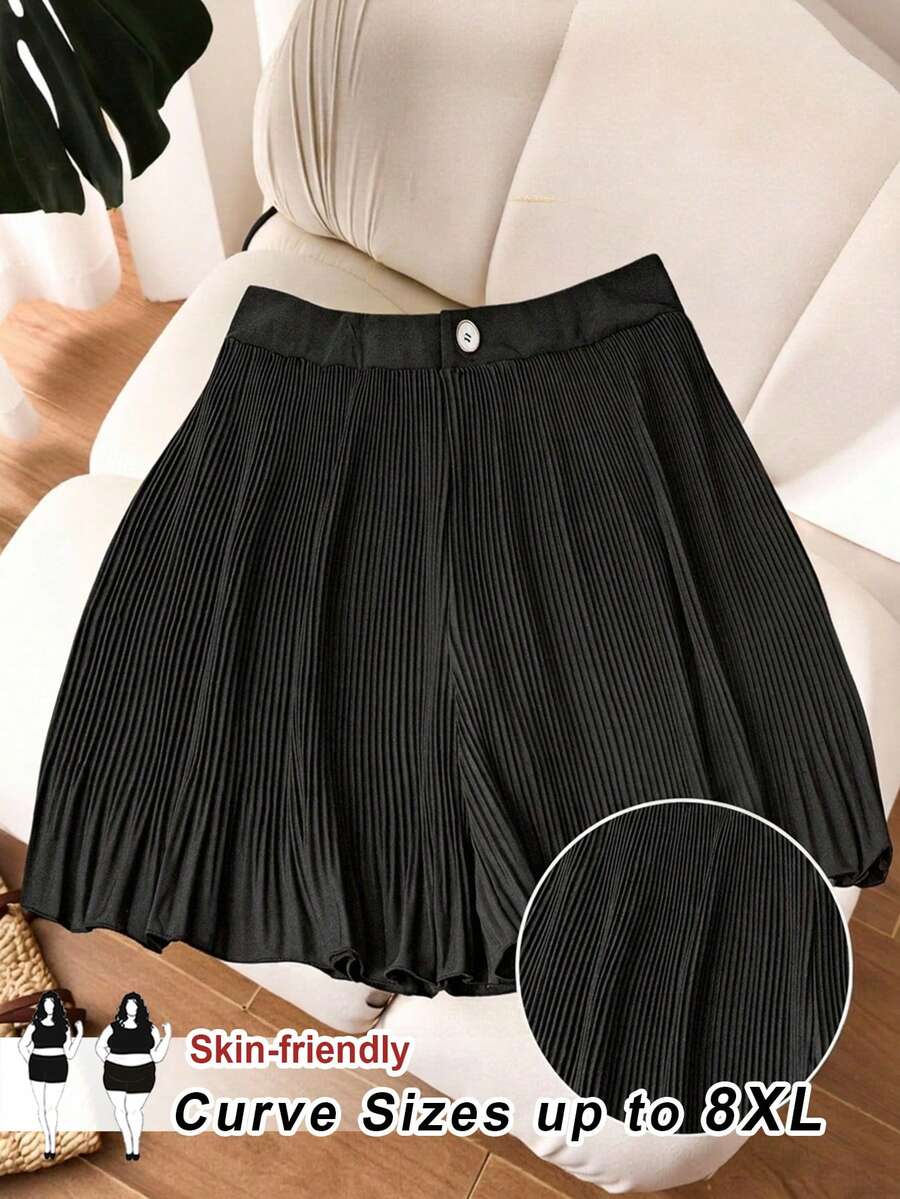 SHEIN CURVE+ Pantalones cortos negros de tela artesanal para mujer de talla grande, pantalones cortos casuales - Negro - Ver 1