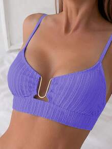 Swim Lushoire Women's 2 Pieces U-Shaped Buckle Decor Hollow Out Spaghetti Strap Tankini Swimwear Set, Summer - Purple - View 6