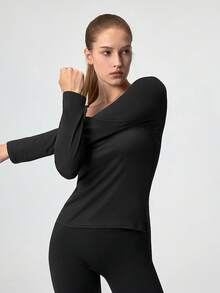 Áo thun nữ cổ chữ U tay dài màu trơn, dáng ôm, đa năng, dễ phối đồ. - màu đen - Xem 6
