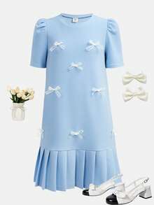Girlism Vestido elegante con lazo y pliegues para niñas preadolescentes, adecuado para fiestas, uso casual, graduación, regreso a la escuela, vacaciones, té de la tarde, temporada de bodas - Celeste - Ver 2