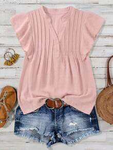 EMERY ROSE Plus Size Versatile Ruffle Sleeve Textured Fabric Shirt - Pink - View 1