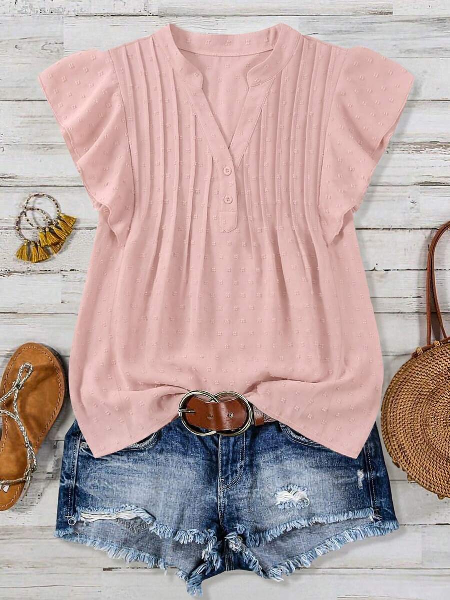 EMERY ROSE Plus Size Versatile Ruffle Sleeve Textured Fabric Shirt - Pink - View 1