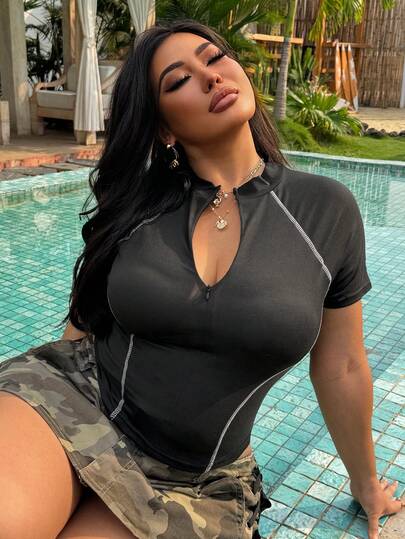 Dazy Plus Half-Zip Mandarin Collar Short Sleeve Fitted Cropped Casual Sports Tee, Plus Size Women Spring/Summer