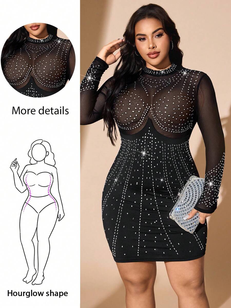 Hourglow Plus Rhinestone Detail Bodycon Sexy Prom Dress Without Lingerie, For Hourglass Body Shape - Black - View 1