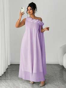 Elenzga Elegant Women's Ruched Design 3D Floral Single Sleeve Dress Fall - Mauve Purple - View 1