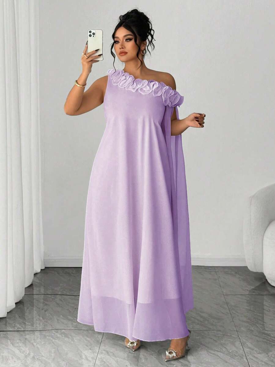 Elenzga Elegant Women's Ruched Design 3D Floral Single Sleeve Dress Fall - Mauve Purple - View 1