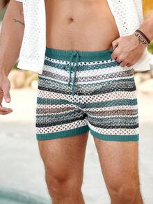 Horizaway Men's Vacation Casual Hollow-Out Knit Shorts Beach Outfit For Men Shorts Shorts For Men Pambahay Summer Shorts For Women Colorful Shorts For Women Shorts For Men Casual Green Stripe Shorts - Multicolor - View 4