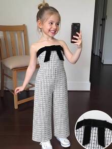 SHEIN Girls' Plaid Jumpsuit With Cute Bow Collar, Suitable For Spring And Autumn - Red and White - View 2