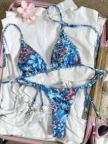 Swim Mod Women's Random Floral Print Halter Metal Jewelry Bikini Set, Spring/Summer Bikinis Set For Women Push Up Swimwear Elegant - Multicolor - View 3