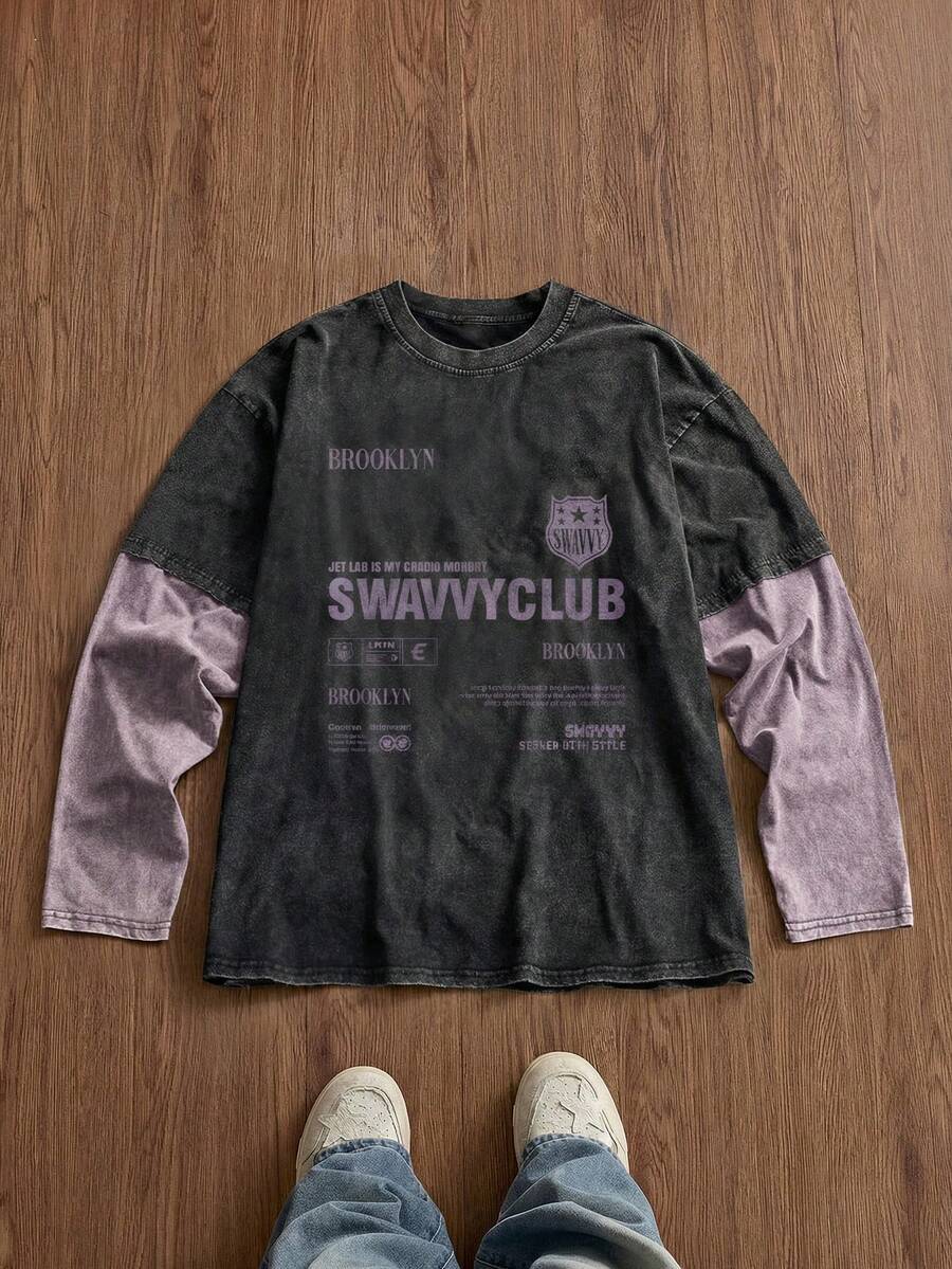 SWAVVY Men's Standard Size Spring/Autumn Casual Long Sleeve T-Shirt, Black Color Block & Print, Round Neck - Black - View 1