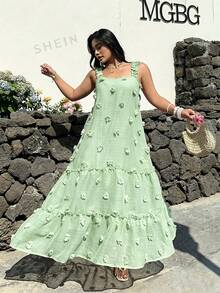 Sunnyshic 大码方领吊带A字连衣裙 - 綠色 - 查看 3