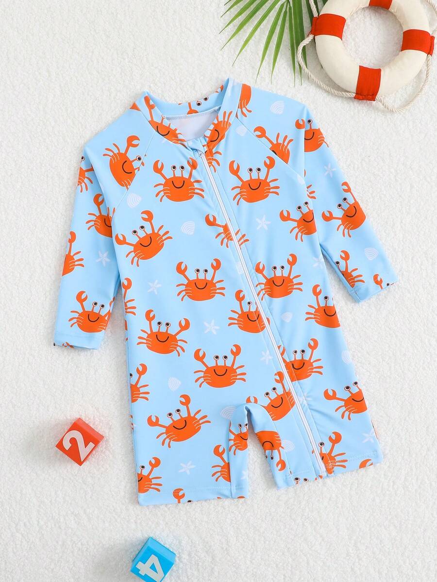 SHEIN 6-9M Baby Boy Long Sleeve Swimsuit, Cute Crab Cartoon Print One-Piece Swimwear For Infant Boys, Suitable For Beach, Vacation, Play, Sand, Holiday, Travel, Summer Rashguard For Baby Boy Rompers For Baby Boy Unisex Baby Clothes Baby Clothes Sleepwear For Baby Toddler Swim Wear Baby Bathing Suits Baby Beach Wear Swim Suit For Boys - Multicolor - View 1