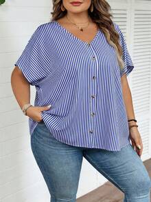 SHEIN CURVE+ Plus Size Summer Casual Striped Batwing Sleeve Shirt - Blue - View 3