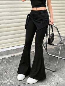 Mulvari Quần legging nữ kiểu dáng thường ngày, có dây rút, kiểu 2 trong 1. - màu đen - Xem 3