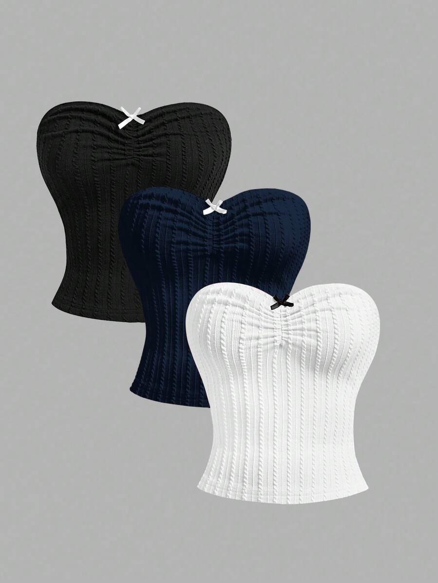 SHEIN MOD 3 Pcs Set Summer Bow Front Tube Cable Knit Tops Suitable For Going Out,Summer Top - Multicolor - View 1