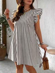 SHEIN VCAY Plus Size Casual Striped Pattern Flutter Sleeve Dress - Coffee Brown - View 5