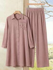 Al Najma Women's Rhinestone Decor Floral Embroidery Long Sleeve Button-Up Shirt And Pants Arabic Style Outfit Women Suit Set Blouse And Pants Set Modest Two Piece Set Modest Sets For Women Embroidered Pant Set - Pink - View 10