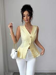 Selianne Women's Vest Elegant Business Casual Sleeveless Jacket Brocade Texture White Metallic Buckles Waist Cinching Design Office Autumn Tops - Light Yellow - View 5