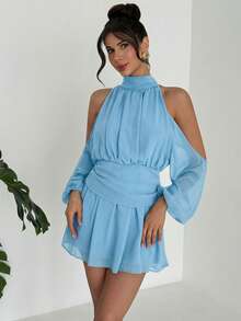 Firerie 女士雪纺优雅系带迷你连衣裙，女士约会之夜连衣裙，女士夜间外出连衣裙，女士夏季连衣裙，女士蜜月旅行装，女士婚礼宾客连衣裙 - 藍色 - 查看 7