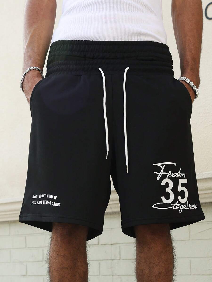Manfinity Roghcode Young Street Style, Double Waistband Design, Letter Print Grey Men Football Shorts - Grey - View 1