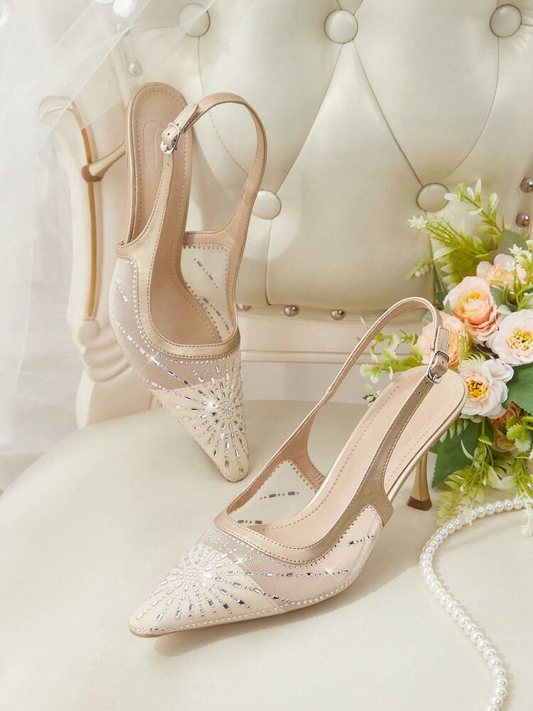 CUCCOO HITCHD Women Shoes Spring And Summer New Mesh Rhinestone Decoration Small Square Toe Back Strap High Heels Wedding Season Romantic Elegance Champagne Dress Shoes Valentine's Day Wear High Heels Sandals