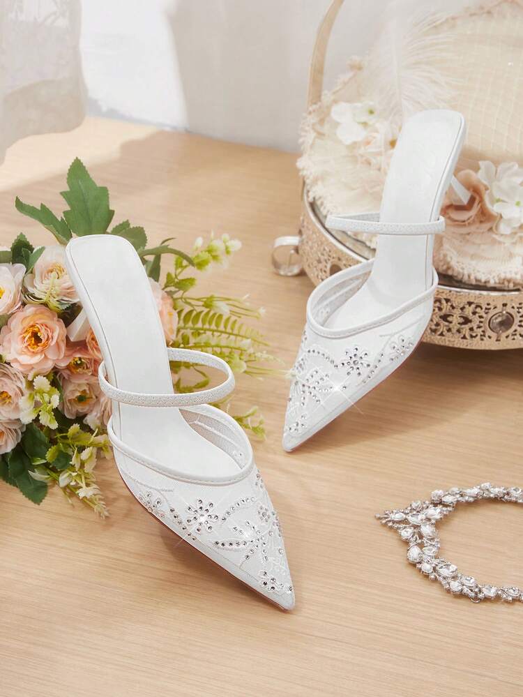 CUCCOO HITCHD Pointed Breathable Mesh Rhinestone Hollow Fashion Embroidery Temperament Versatile Sexy Fairy Banquet White High Heels