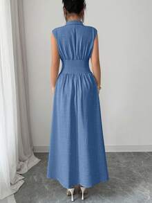 SHEIN Elenzya Women's Spring/Summer Collared Waist-Cinched Solid Color Textured Fabric A-Line Long Dress, Suitable For Commuting, Outings - Blue - View 2