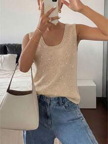 EMERY ROSE Women's Fashion Casual Champagne Gold V-Neck Glitter Knit Sweater Vest Women Casual Outfits Women's Summer Outfits Women Spring Outfit Outfit Summer - Champagne - View 3
