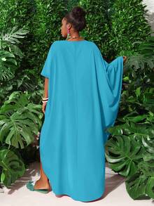 Slaydiva Robe droite à épaules dénudées et ourlet asymétrique pour grandes tailles - Bleu azur - Voir 2