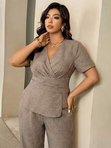 Auralis Elegant Brown Summer Formal Women Commuter Workwear Plus Size Two Piece Set,V-Neck Short Sleeve Wrap Blouse Straight Leg Pants Office Outfit Suit - Khaki - View 3