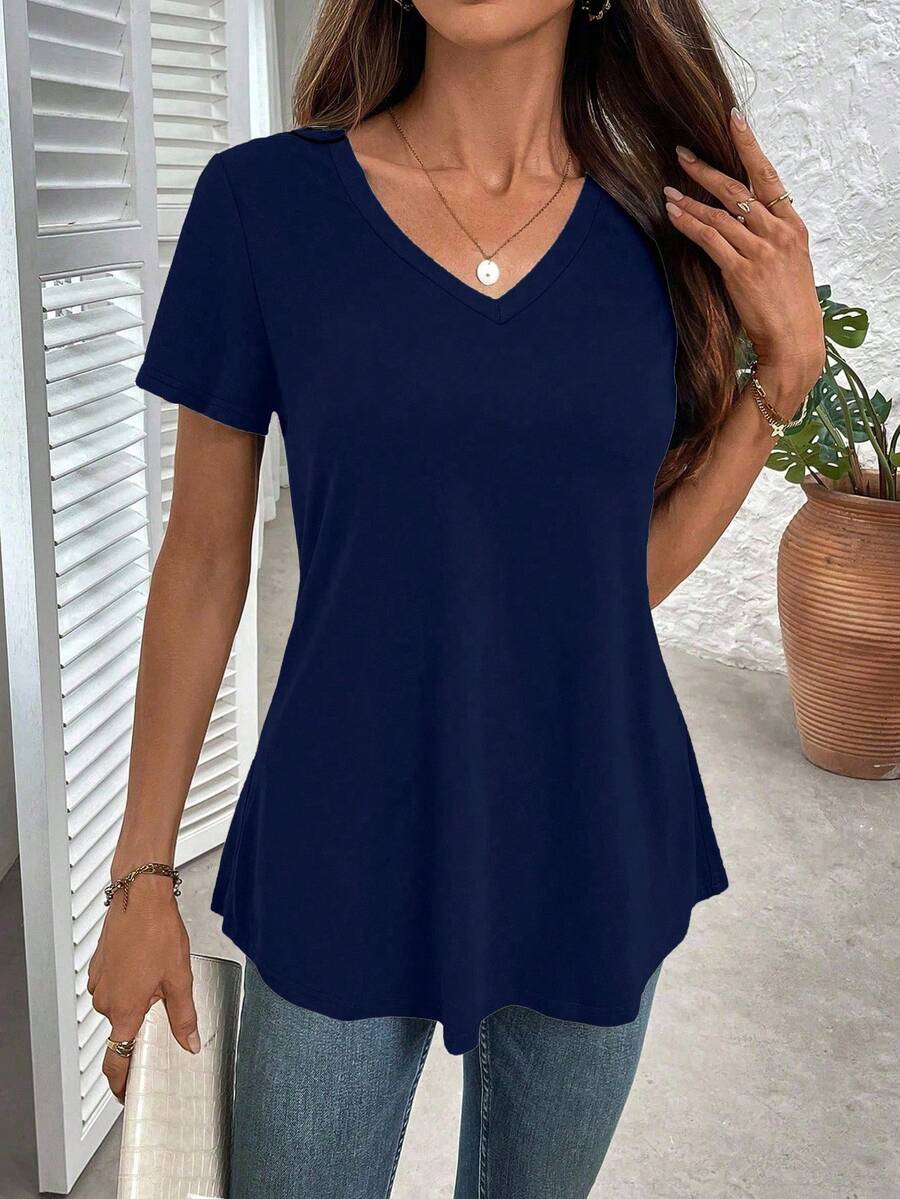 EMERY ROSE Plus Size Solid Half Sleeve Casual V Neck T-Shirt For Summer - Navy Blue - View 1