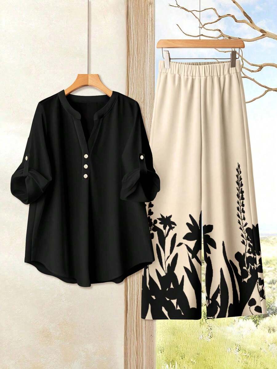 Rusticease Conjunto de 2 piezas con parte superior negra y base color albaricoque con estampado floral de silueta negra, adecuado para principios de primavera, estilo versátil, vacaciones, retro - Caqui - Ver 1