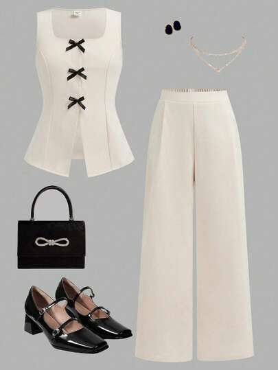 Girlism 少女休闲优雅通勤撞色蝴蝶结装饰开衩吊带背心和阔腿裤休闲套装，适合春夏穿着，女童套装，2件套