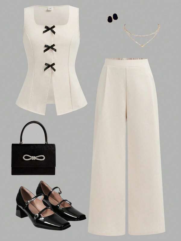 Girlism Teen Girls Casual Elegant Commuter Contrast Color Bow Decor Slit Hem Camisole And Wide Leg Pants Casual Suit, Suitable For Spring & Summer, Girls Set, 2pcs