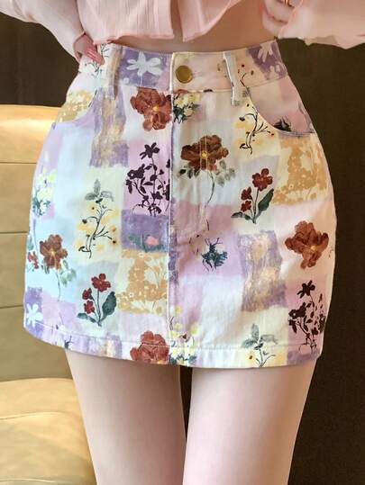 DAZY Women's Casual Floral Print Denim Mini Skirt, Summer