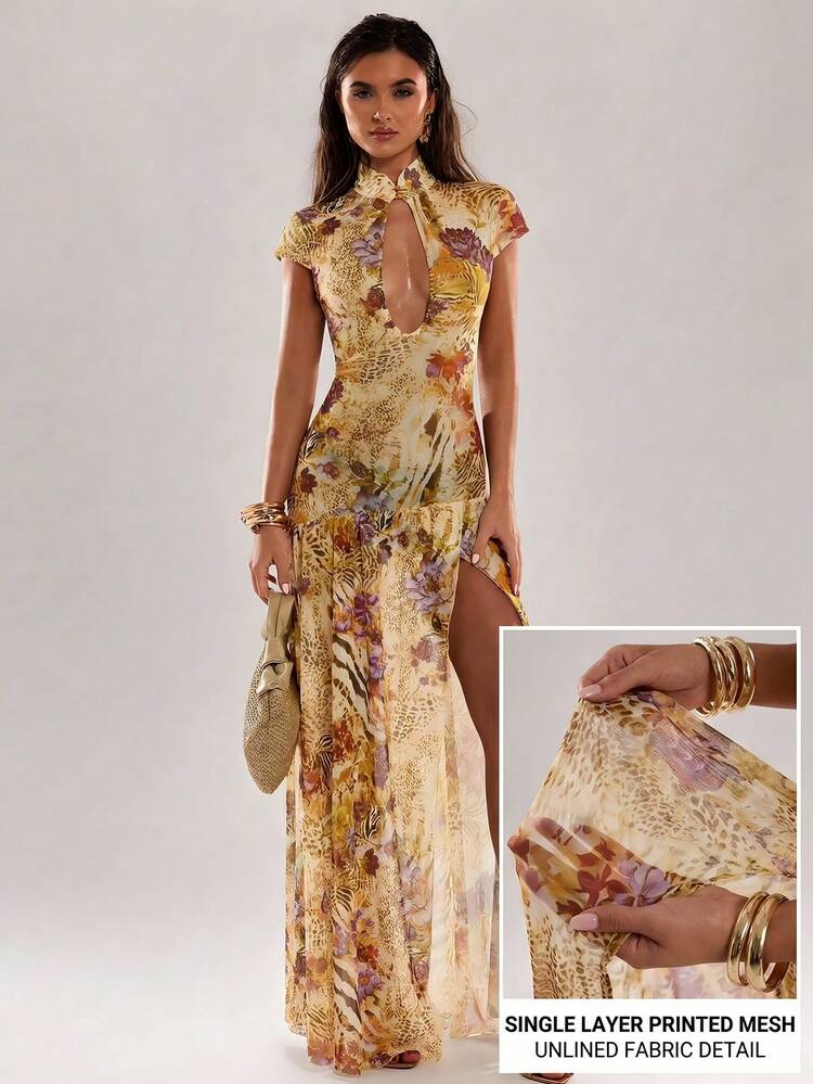 SHEIN BAE Vestido de mujer con cuello alto, cintura ceñida y abertura alta con estampado floral y de hojas, vestido de fiesta sexy - Albaricoque - Ver 1