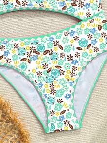 SHEIN Tween Girl Piece Swimsuit New Summer Fresh Floral Print Asymmetrical Design Kids Bathing Suit Baby High Elastic Breathable Quick Dry Beach Vacation Hot Spring Water Play Swimwear For Big Kids Parent-Child Swimming Gear - Green - View 5