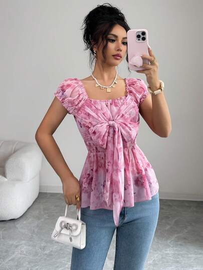 Elenzga Blusa de manga corta con lazo de gasa dulce y sexy para mujer, verano