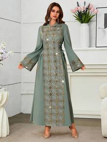 Al Najma Đầm thanh lịch thêu sequin, buộc dây bên hông, ôm sát, tay xòe. - màu xanh lá - Xem 7