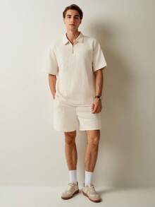 RONVEXI Men's Textured Short Sleeve Top And Shorts, Summer 2pcs Set - Khaki - View 3