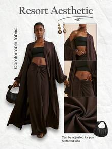 Zivah 2025 Autumn New Arrival Music Festival & Graduation Casual Loose Linen Cardigan + Twist Waist Maxi Sk2 Piecesiece Set, Suitable For Daily, Beach, Vacation, TextureTie Dyewn Ombre Dye Print Brown - Brown - View 11