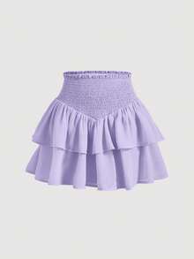 SHEIN PETITE CURVE 大码夏季休闲纯色抽绳腰荷叶边下摆半身裙 - 紫色 - 查看 2