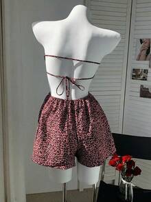 Comfortcana Mono de talla grande con estampado de leopardo rojo y cordones, adecuado para vacaciones en la playa, uso en primavera/verano, de moda y versátil - Rojo - Ver 3