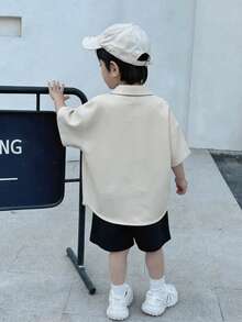 2 Stück Kinder Jungen Lässiges Farbblock Kragen Offene Vorderseite Locker Kurzarm Khaki Hemd und Grau Cargo Taschen Shorts Set, geeignet für Frühling/Sommer, Ausflüge, Valentinstag, Dates, Reisen, Urlaub, Familienfeiern, Schulanfang, Abende, Sport, Geburtstagsfeiern - Verschiedenfarbig - Übersicht 5