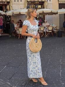 Pariaura Floral Print Sweetheart Neck Fitted Elegant Short Sleeve Dress - Multicolor - View 1