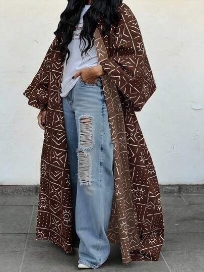 INAWLY Plus Size Elegant Long Sleeve Jacket - Polyester Fashion Versatile Long Coat, All-Over Printed, Casual & Loose Fit, Suitable For All Seasons Winter Fall Autumn