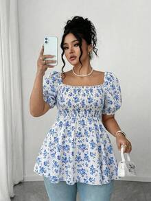 SHEIN Elenzya 大码时尚褶皱女式衬衫，方领优雅百搭修身时尚上衣 - 藍白色 - 查看 5