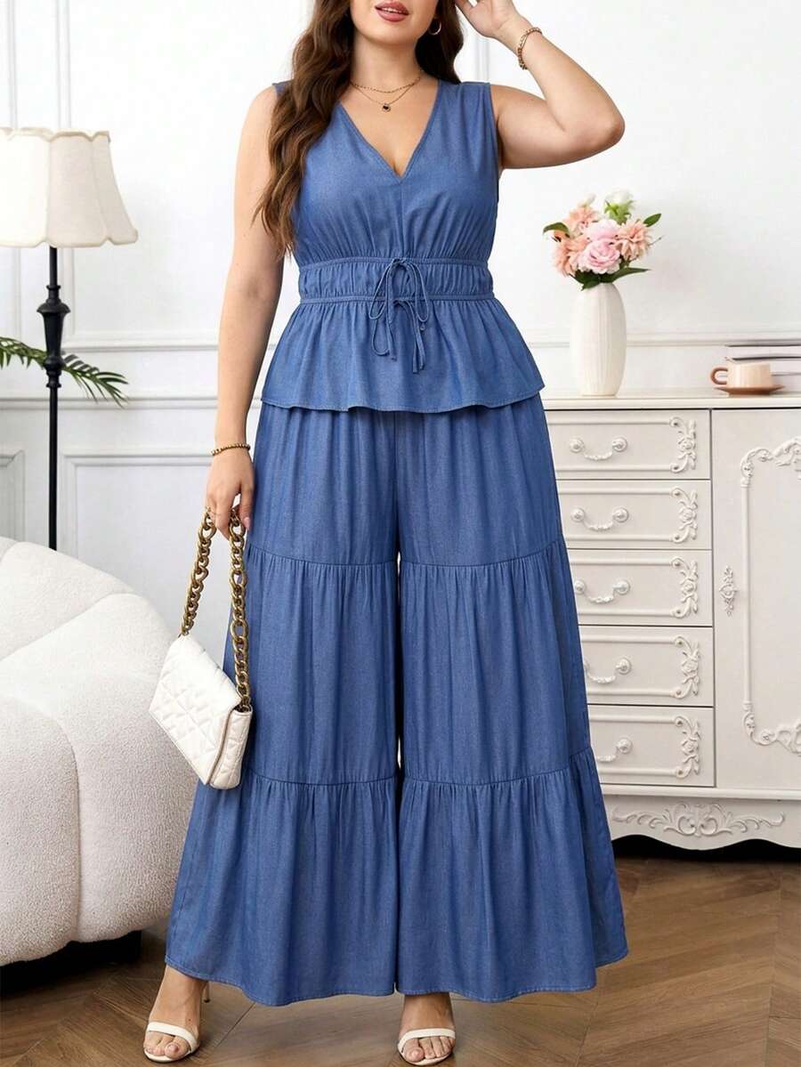 SHEIN Clasi 大码休闲纯色背心和阔腿裤两件套 - 綠色 - 查看 1